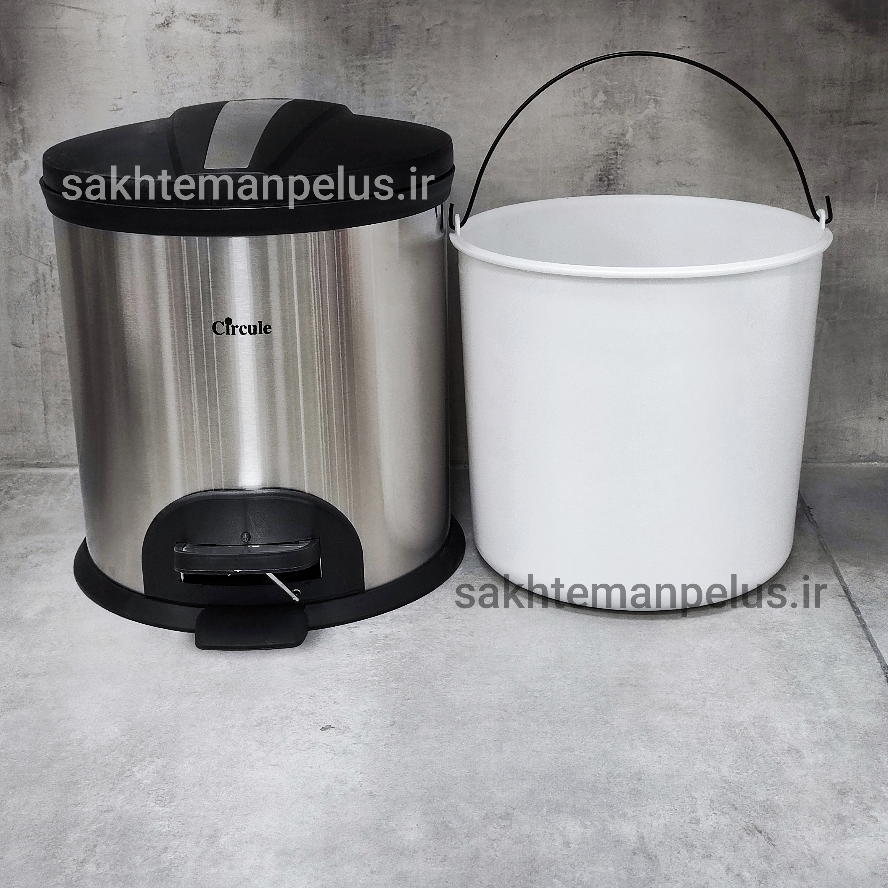 سطل زباله ۱۵ لیتر استیل پدالی درب پلیمری پدالی گرد سرکوله